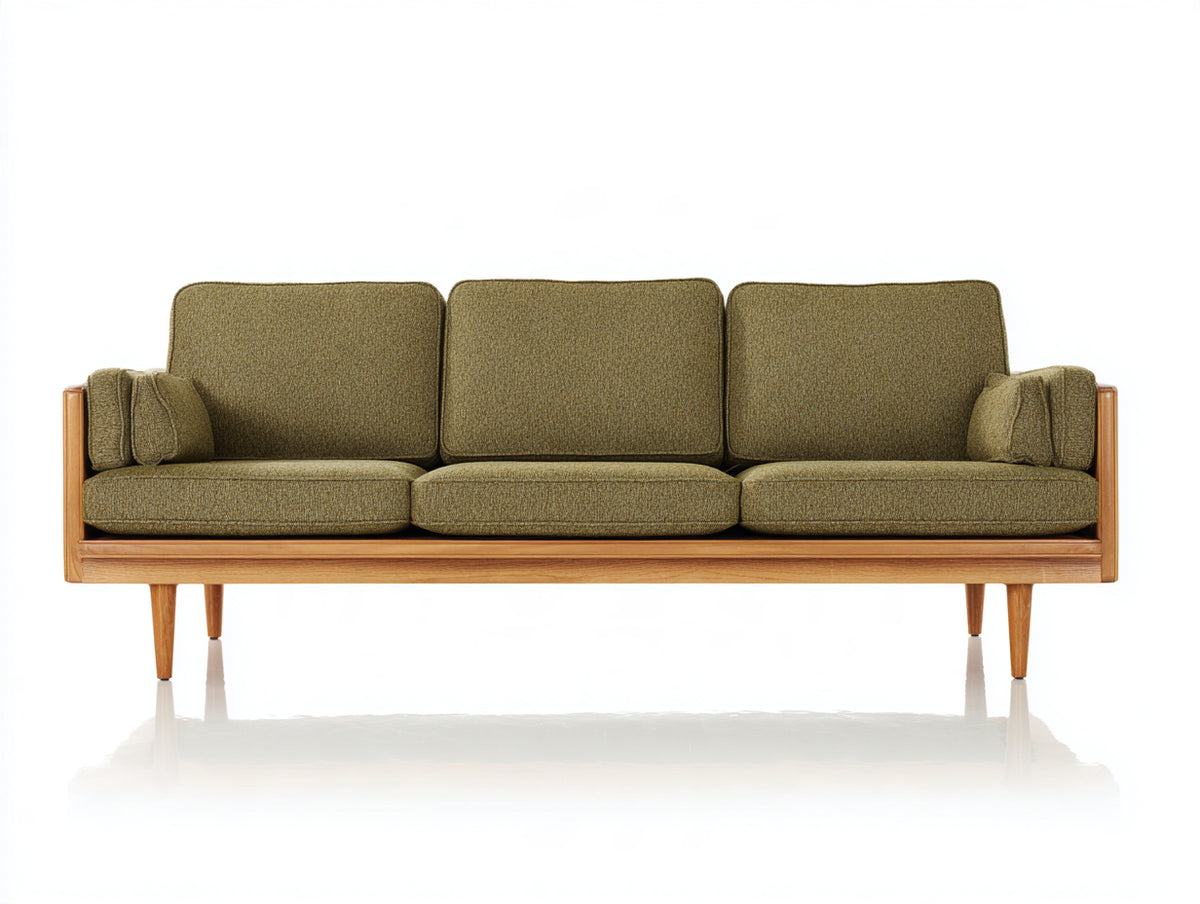 Canapé 3 places-Tissu-Bois-230x90x82 cm-Vert olive-Bois naturel-Style scandinave moderne