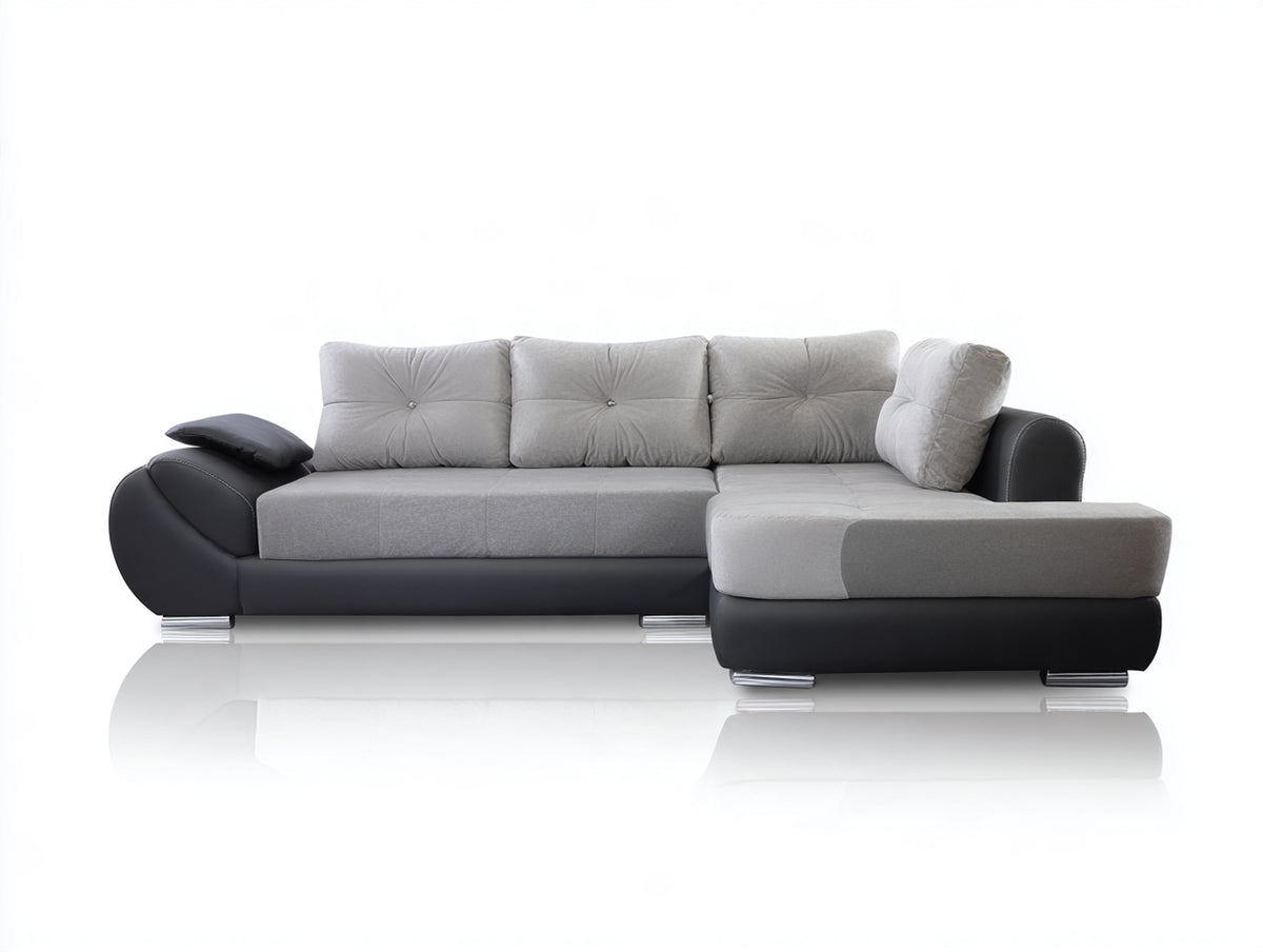 Canapé d'angle - tissu-cuir - 305x180x88 cm - gris-noir - moderne